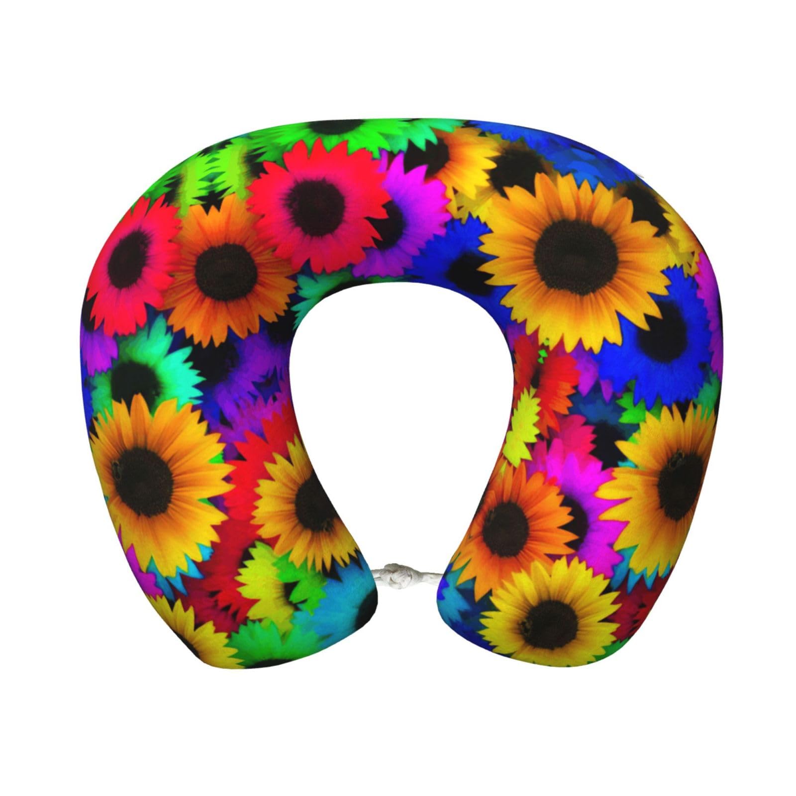 ASFgda U-Shape Memory Foam Rainbow Sunflower Print Travel Pillow,Neck Support,Washable Cover For Airplane Car Home Office