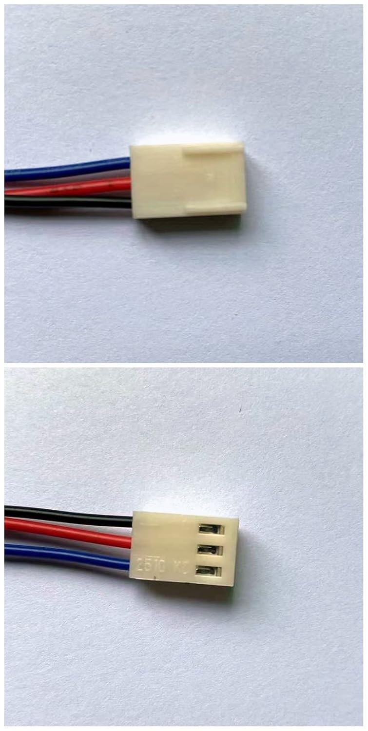 Close-up view of the 3-pin connector of the AJSWISH D60BV-12 cooling fan, showing the red, black, and yellow wires.