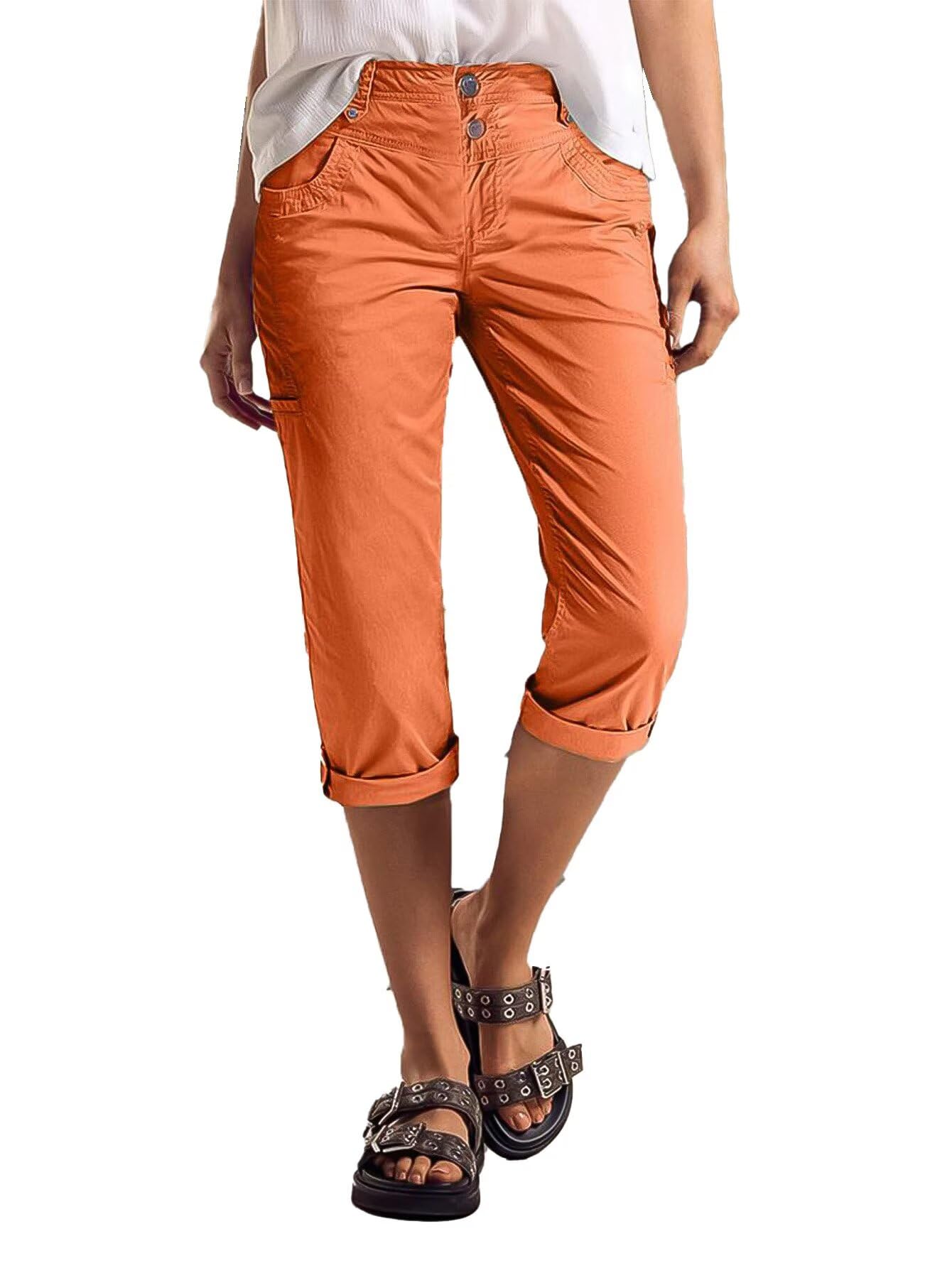 Flamingals Straight Leg Capris Pants for Women Mid Waist Casual Roll Hem Dual Button Pants
