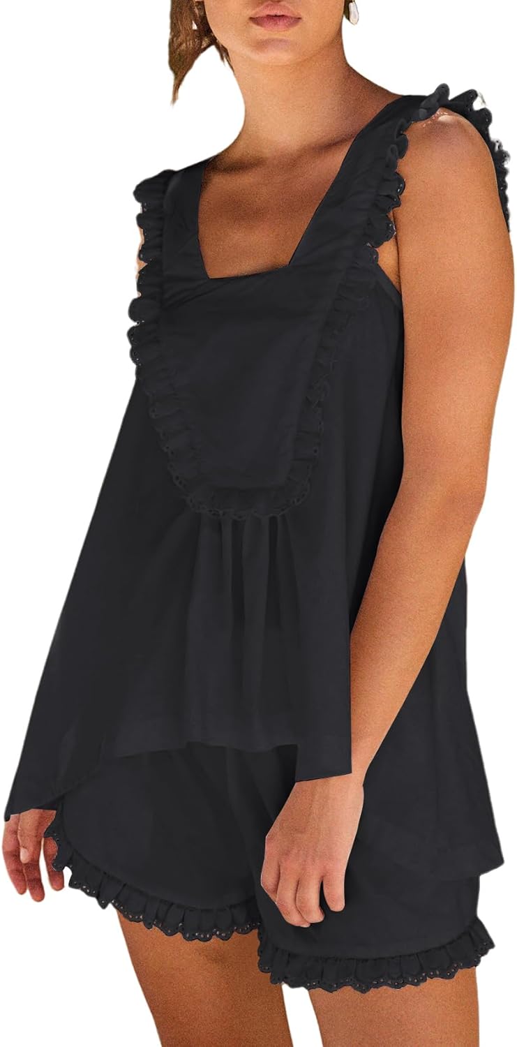 Arssm Womens Pajamas Set 2 Piece Cotton Ruffle Pj Top and Shorts Sleepwear Bridal Pajama Set(Black-L)