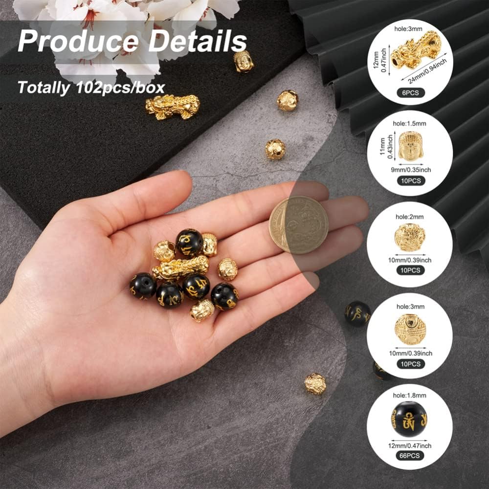 Pandahall 102Pcs Mixed 18K Gold Plated Pixiu Charms Chinese Fengshui Buddhist Beads Black Six-Word Mantra Ball Bead for Pi Yao Lucky Wealthy Amulet Necklace Bracelet Jewelry Making