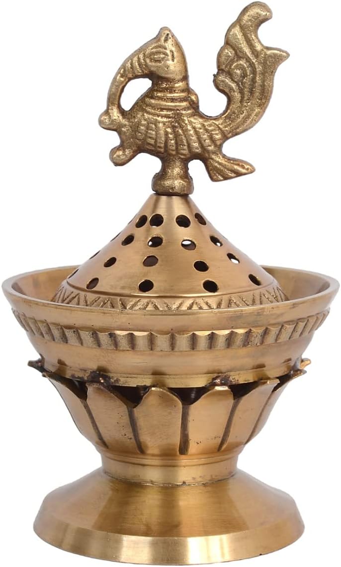 Handcrafted Brass Loban Dhoop Dani with Peacock Incense Dhoop Burner for Home Office Temple Prayer Pbs-Ld-39 Standard Gold