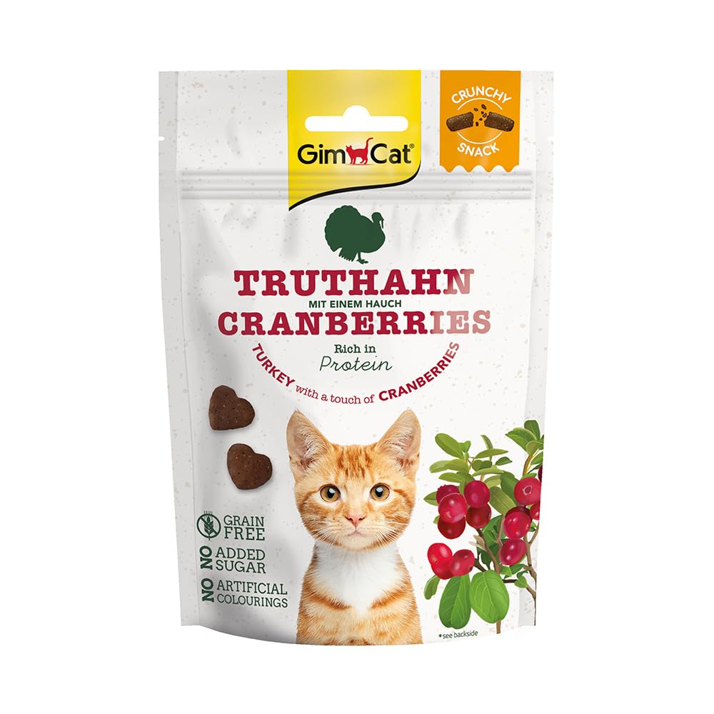 GimCat Crunchy Snacks pavo con arándanos rojos - Crujiente golosina para gatos rica en proteínas y sin azúcar añadido - 1 bolsa (1 x 50 g)