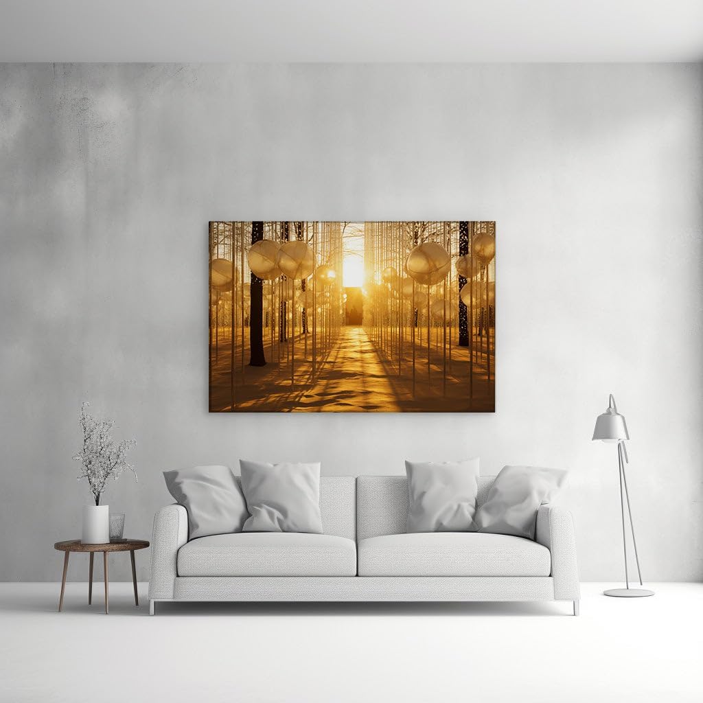 Canvas for Living room. Enchanted Snow-Clad Pathway Lit by Lanterns under a Golden Sunlit Canopy, 27 x 18 inch Canvas Wall Art - Modern Home Decor