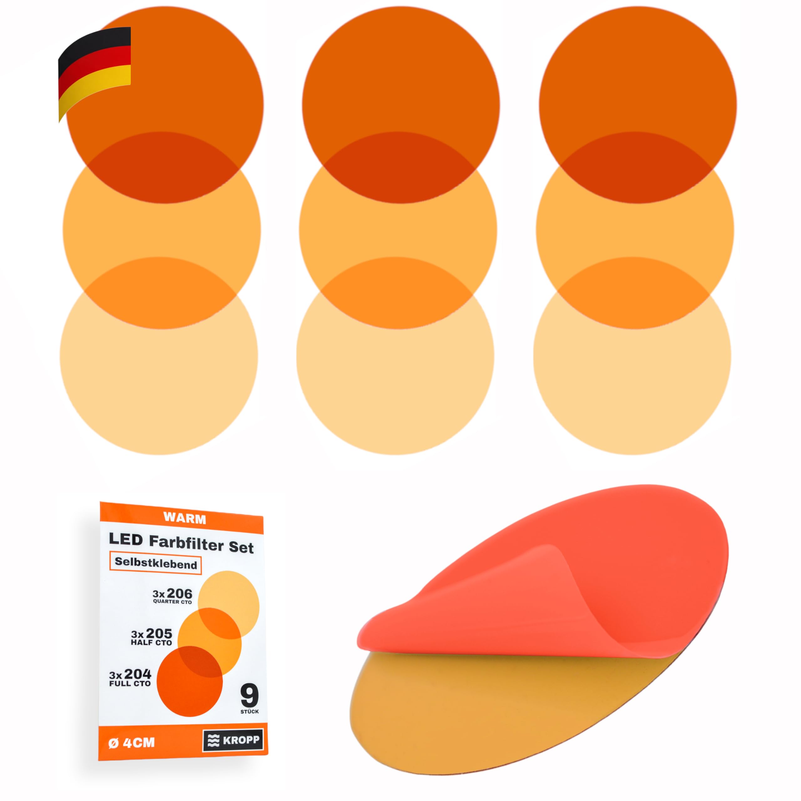 KROPP Films colorés autocollants pour lampes LED, 3 teintes blanc chaud, correction de couleur, jour vers incandescence, ⌀ 40 mm, 9 pièces