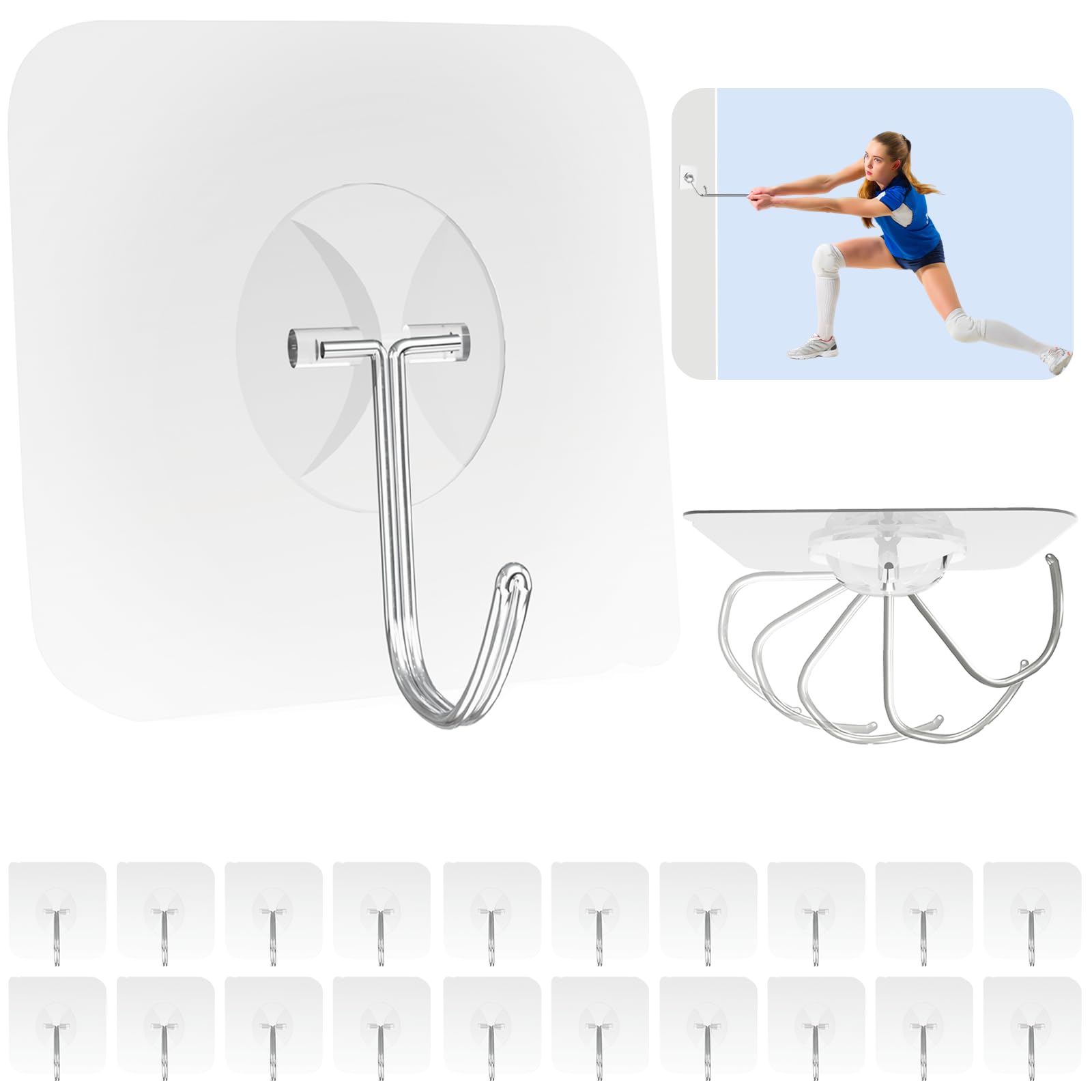 20 Pack Adhesive Hooks for 22lb Hanging Heavy Duty, Self Adhesive Sticky Hooks Waterproof Stainless Steel Wall Hook for Home Bathroom Shower Kitchen Outdoor Utility Hook