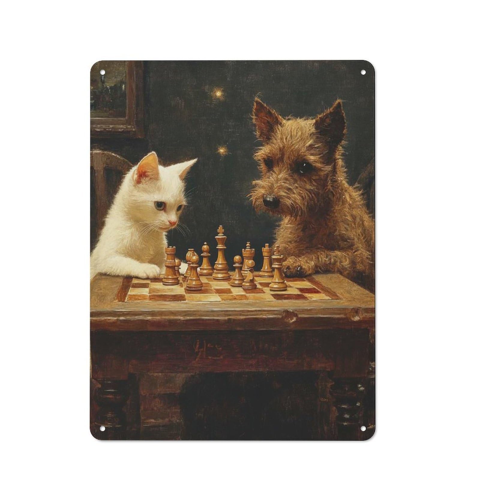 Junmoney Chess Playing Cat And Dog Vintage Metal Sign 40X30cm, Bistro Style Bistro Wall Plaque For Cafe, Bistro, Bakery Or Restaurant