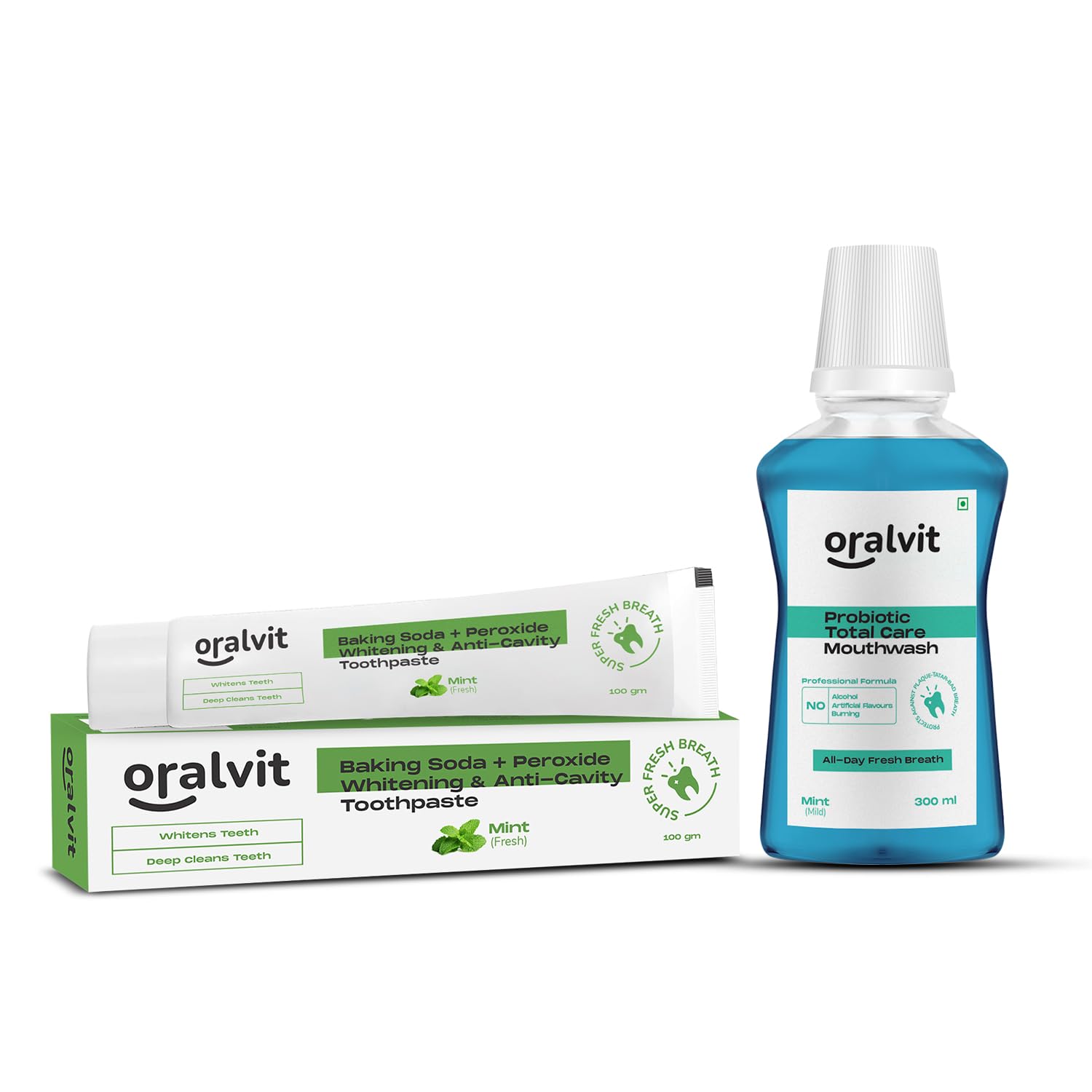 Oralvit Mouth Freshner Combo | Baking Soda Toothpaste & Total Care Mouthwash | For Dental Hygiene and Freshness - Mint (100g, 300ml)