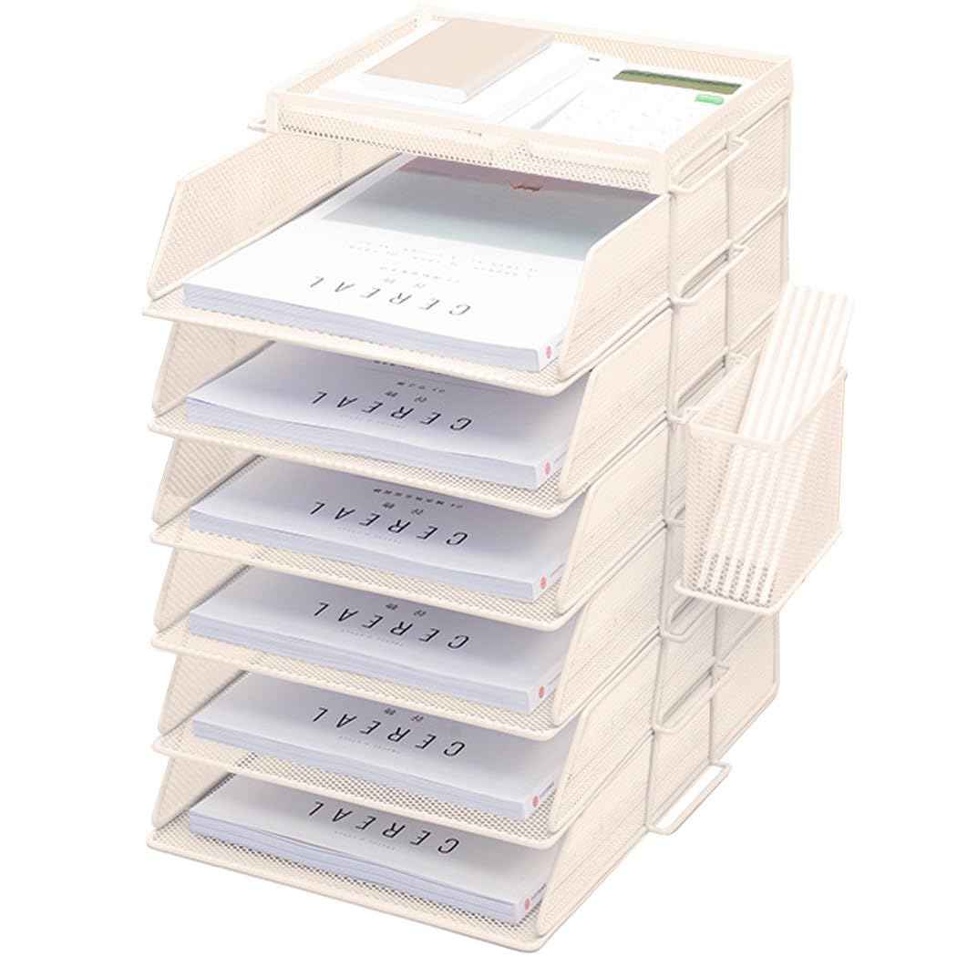 ZESLIV Desk Organiser with File Holder, 6-Tier Letter Tray with Drawer and Pen Holders, Mesh Desk File Organiser with Magazine Holder for Office Organiser, Beige
