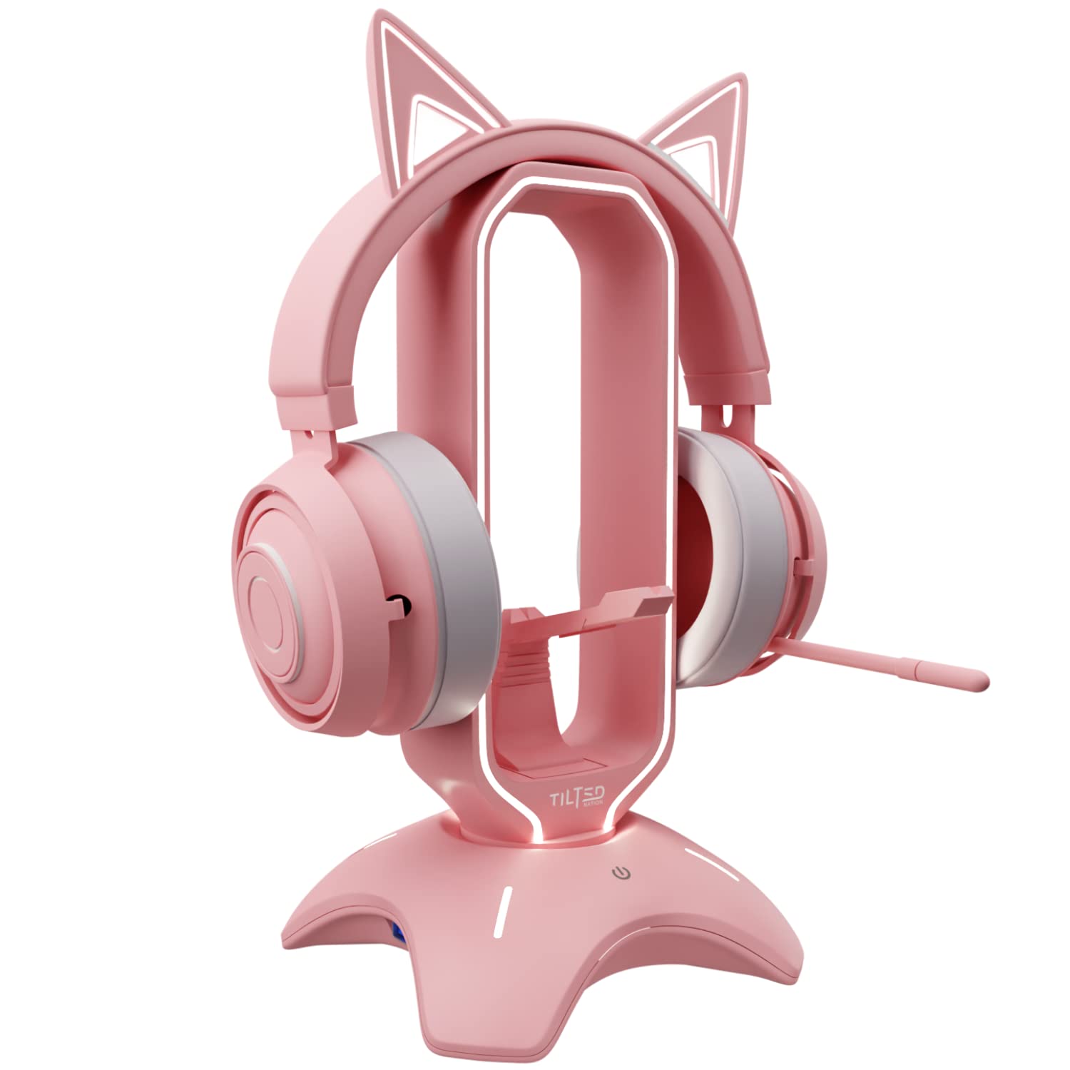 Tilted Nation RGB Gaming Headset Stand - 3 in 1 Pink Headphone Stand with Mouse Bungee and 2 Port USB Hub Charger - The Ultimate Gaming Accessory and Gamer Gift - RGB Headphone Holder for Desk - Pink