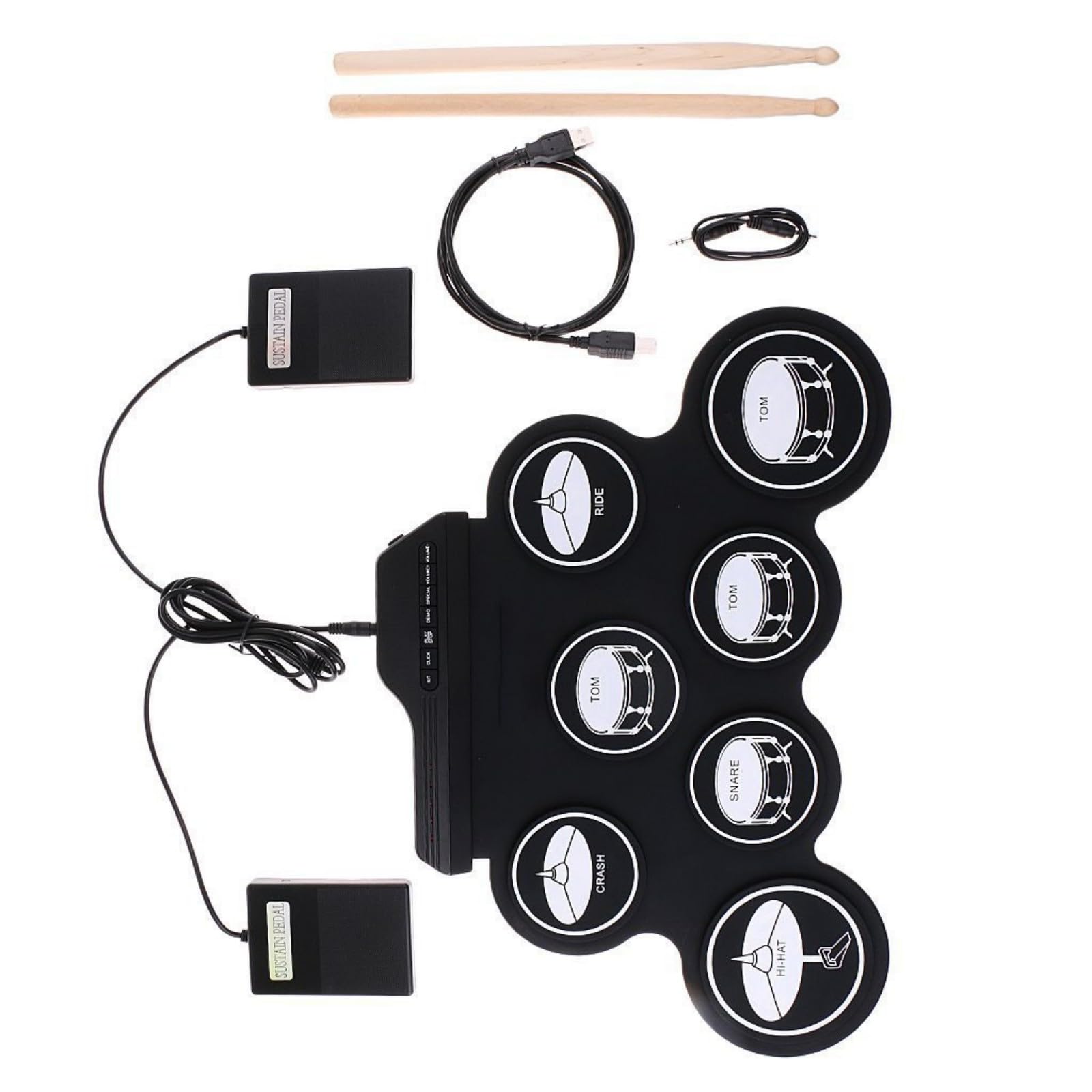 Batteria elettronica alimentata tramite USB, include uscita audio, adatta per cuffie e altoparlanti con vari set di suoni multipli