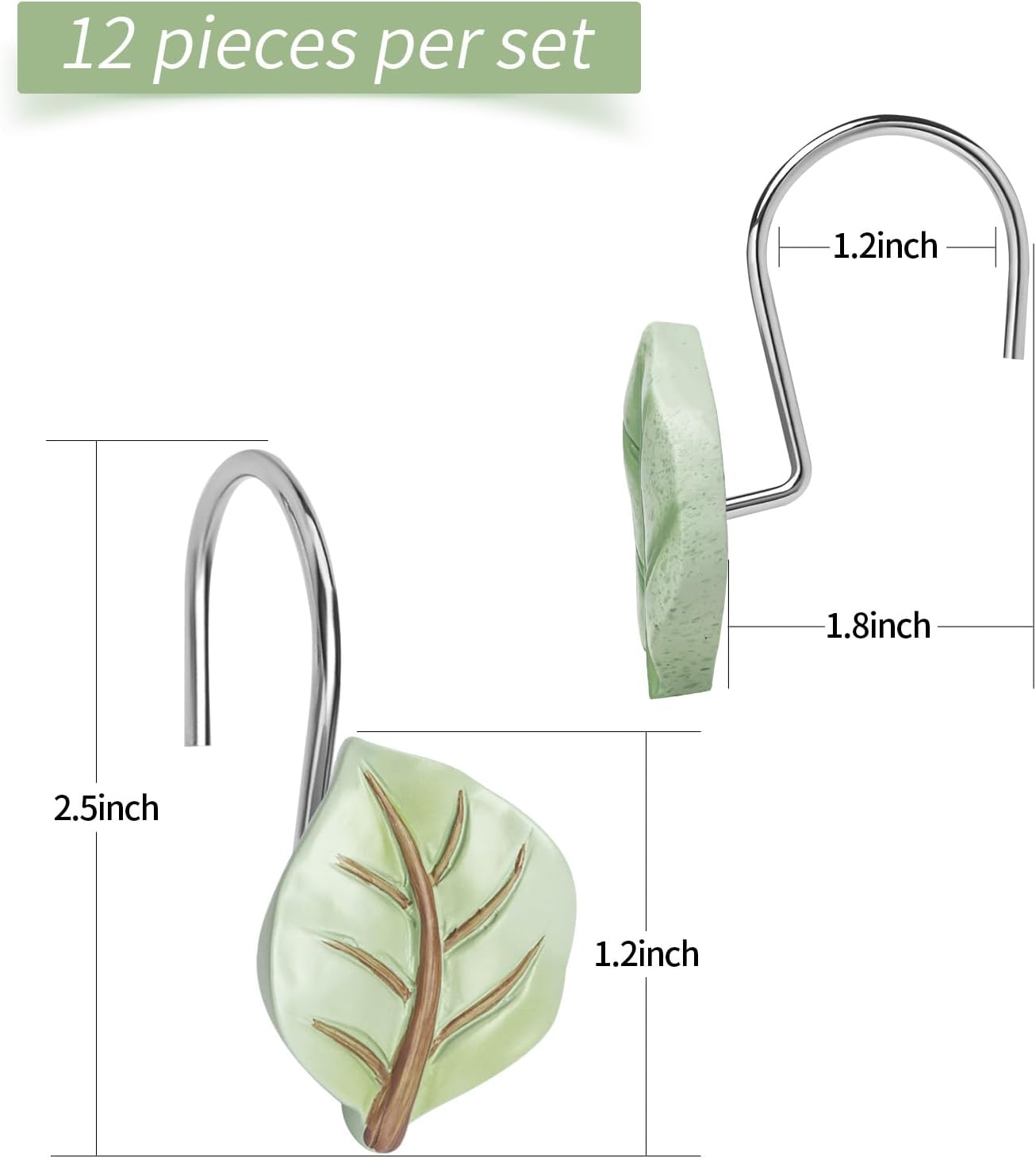 Gibelle Leaves Shower Curtain Hooks Set of 12, Bathroom Curtain 72" W x 72" L