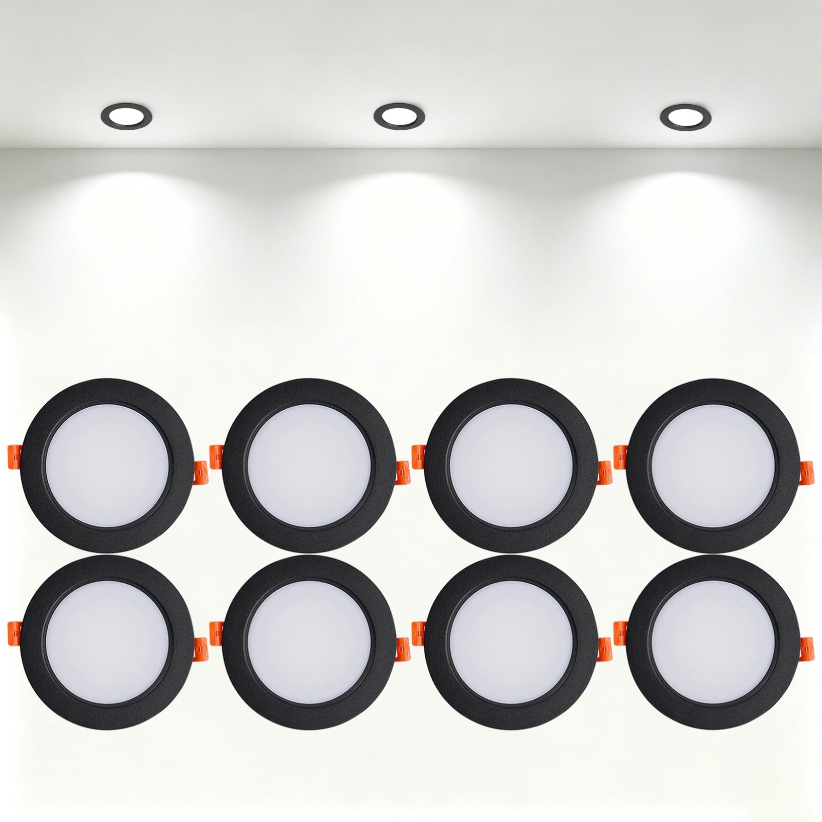 VOGHMOLD 12W Ultra Slim LED Downlight Recessed Ceiling Light 4 inch, 6000K Spot Lights Black Aluminum Trim, Cut Φ110-130mm, AC110-240V Panel Lighting for Office Hallway Closet, 8 Pack