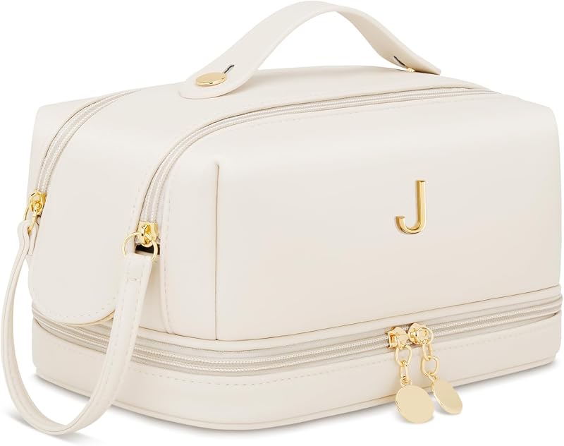 Necessaire de maquiagem e viagem CLOUDWINGS Bege, modelo J, com inicial