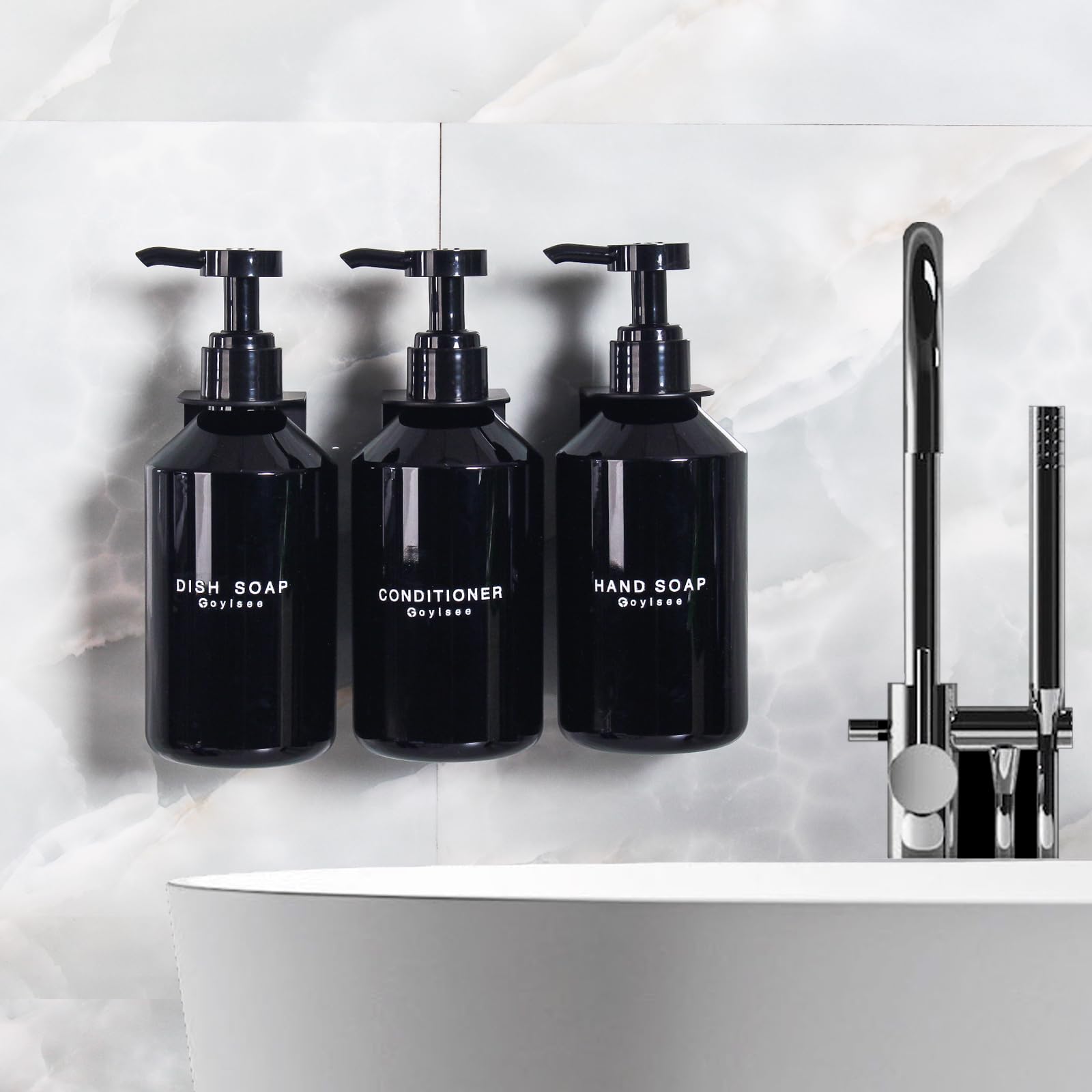 GOYISEE 3-Chamber Shampoo & Conditioner Dispenser, Wall-Mounted Soap Dispenser Plastic Bottles with 4CC Pumps - Image 2