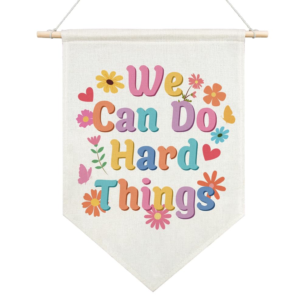 AGMDESIGN We Can Do Hard Things Canvas Hanging Pennant Flag Banner, Inspirational Home Office Decor, School Therapy Classroom Kids Room Nursery Canvas Flag Decor, Positive Gifts for Coworker Teen