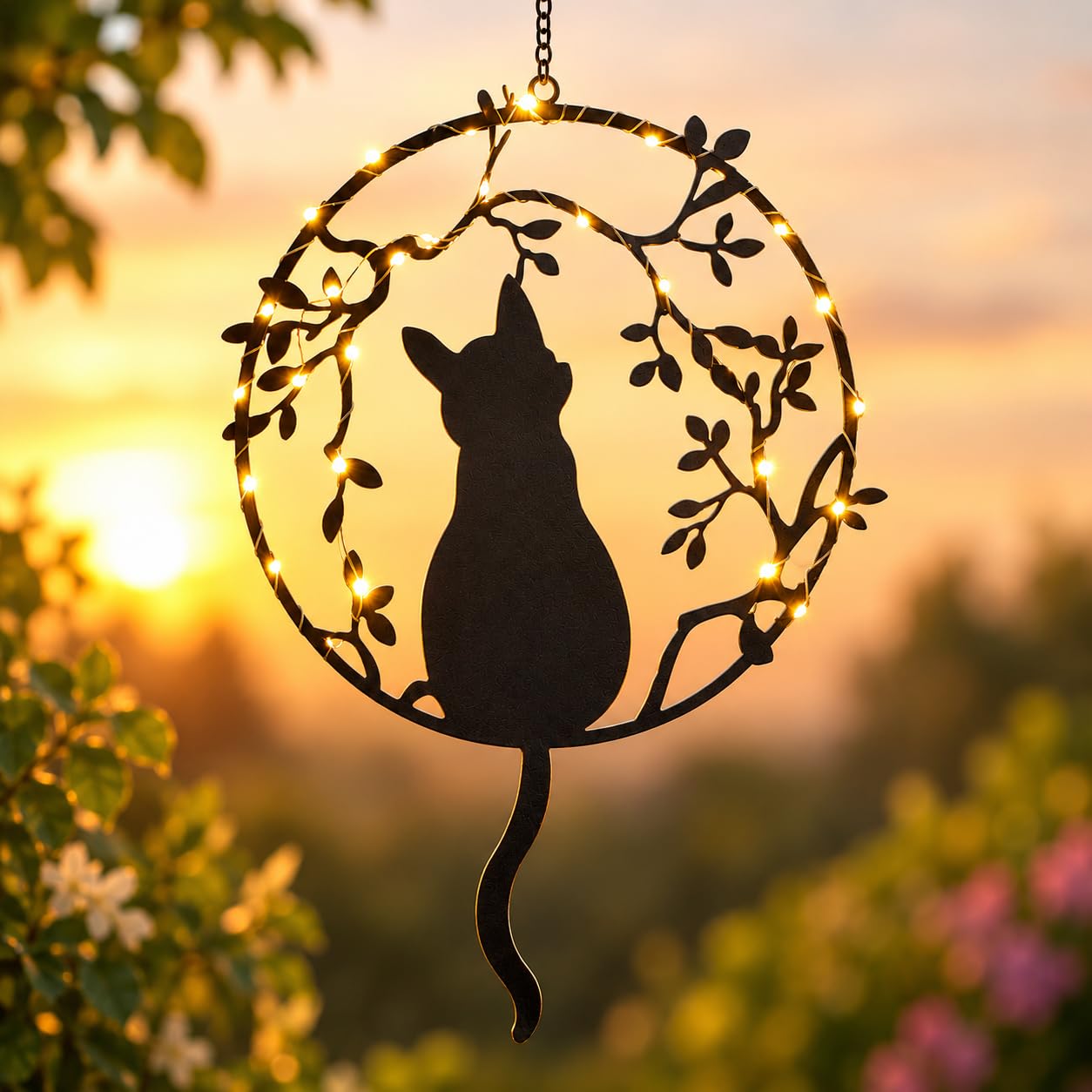 Solar Cat Garden Ornament with 30 LED Lights, 28cm Hanging Metal Decoration