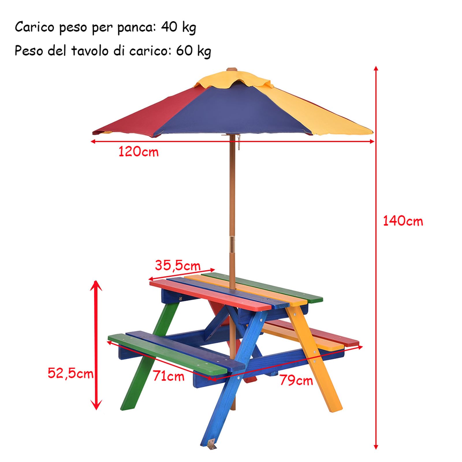 COSTWAY Set con Tavolo Picnic di Legno e Ombrellone per Bambini, Tavolo e Panchina con 4 Posti e Ombrellone Pieghevoli, Tavolino e Sedie Multiuso per Esterno Giardino Cortile