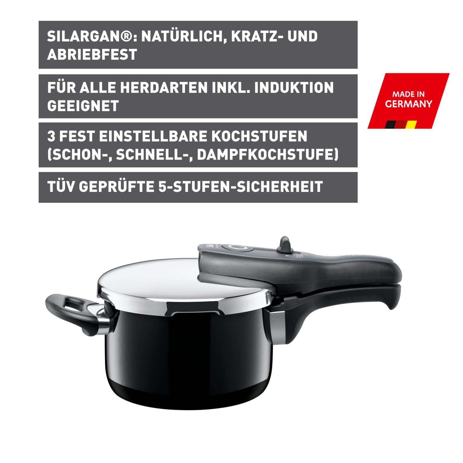 Silit Sicomatic t-plus Schnellkochtopf 2,5l, Schnelltopf 18 cm, Silargan Funktionskeramik, Induktion, 3 Kochstufen, Einhand-Drehregler, schwarz