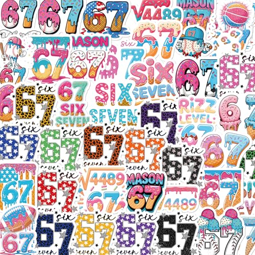 Vemfare Six Seven 67 Stickers - 50 Pcs Funny 67 Water Bottle Stickers Softball Football Scrapbook Decals for Luggage Laptop Journal Waterproof Vinyl Gift for Adult