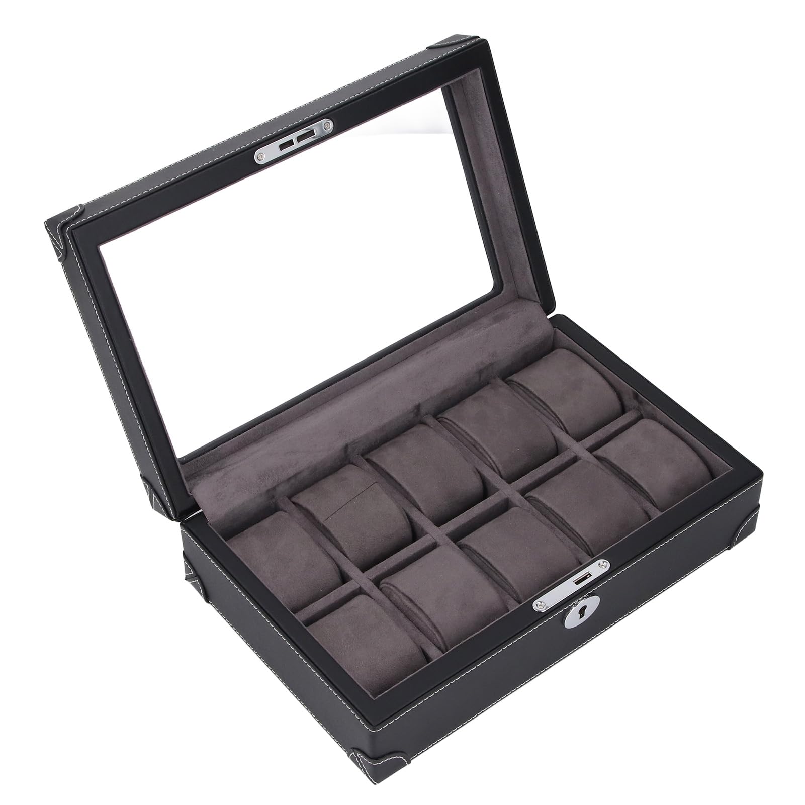 Aramox Organizer Porta Orologi, Scatola per Orologi in Super Fibra con Finestra in Vetro, 10 Scomparti, Fodera in Velluto, Custodia con Serratura per Collezionisti di Viaggi d'affari, Display (BLACK)