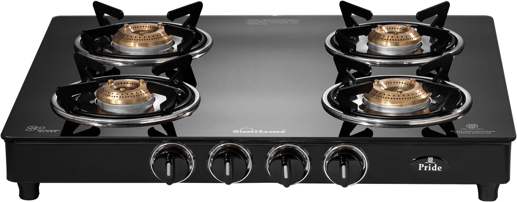 Pride 4 Burner Gas Stove | 2 Medium and 2 Small Brass Burners | 2-Years Product Coverage by Sunflame | Ergonomic Knobs | Easy to Maintain | Toughened Glass Top | PAN India Presence| Black