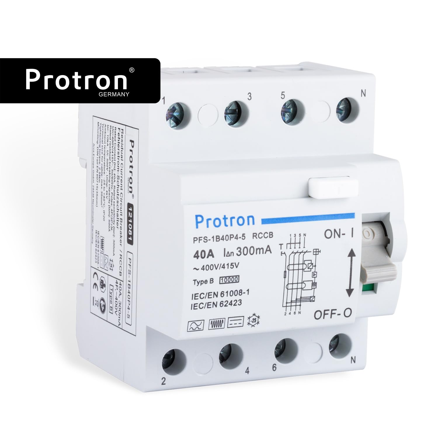 Protron FI Fehlerstromschutzschalter FI Typ B Allstromsensitiv 4P, RCCB RCD für PV Anlage Wallbox E-Auto (40A-300mA)