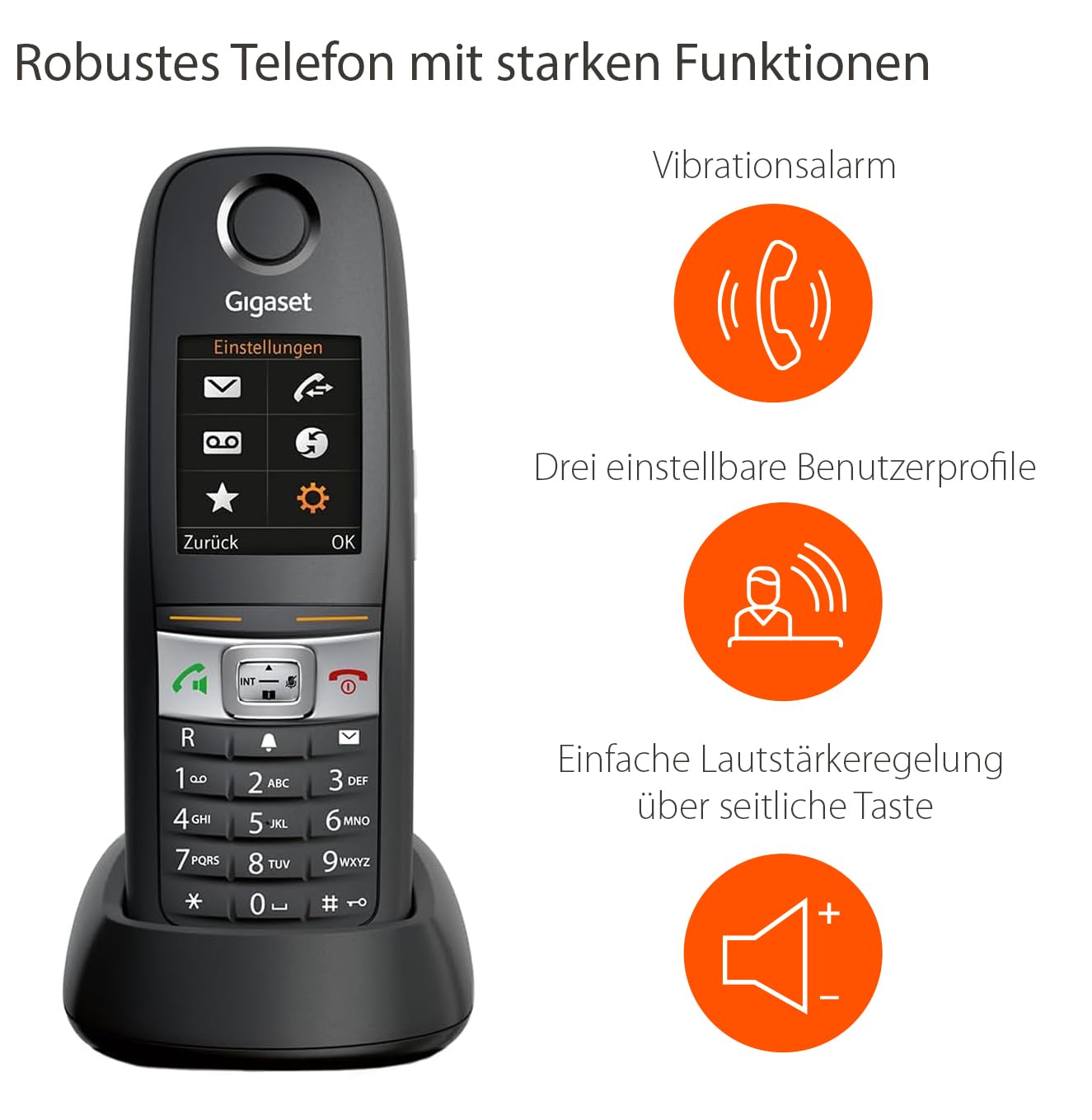 Gigaset E630 - Robustes Schnurloses DECT-Telefon - Mobilteil für Werkstatt - stossfest, staubresistent & wasserabweisend (IP65) - Vibrationsalarm - Lautstärkeregelung, schwarz [Deutsche Version]