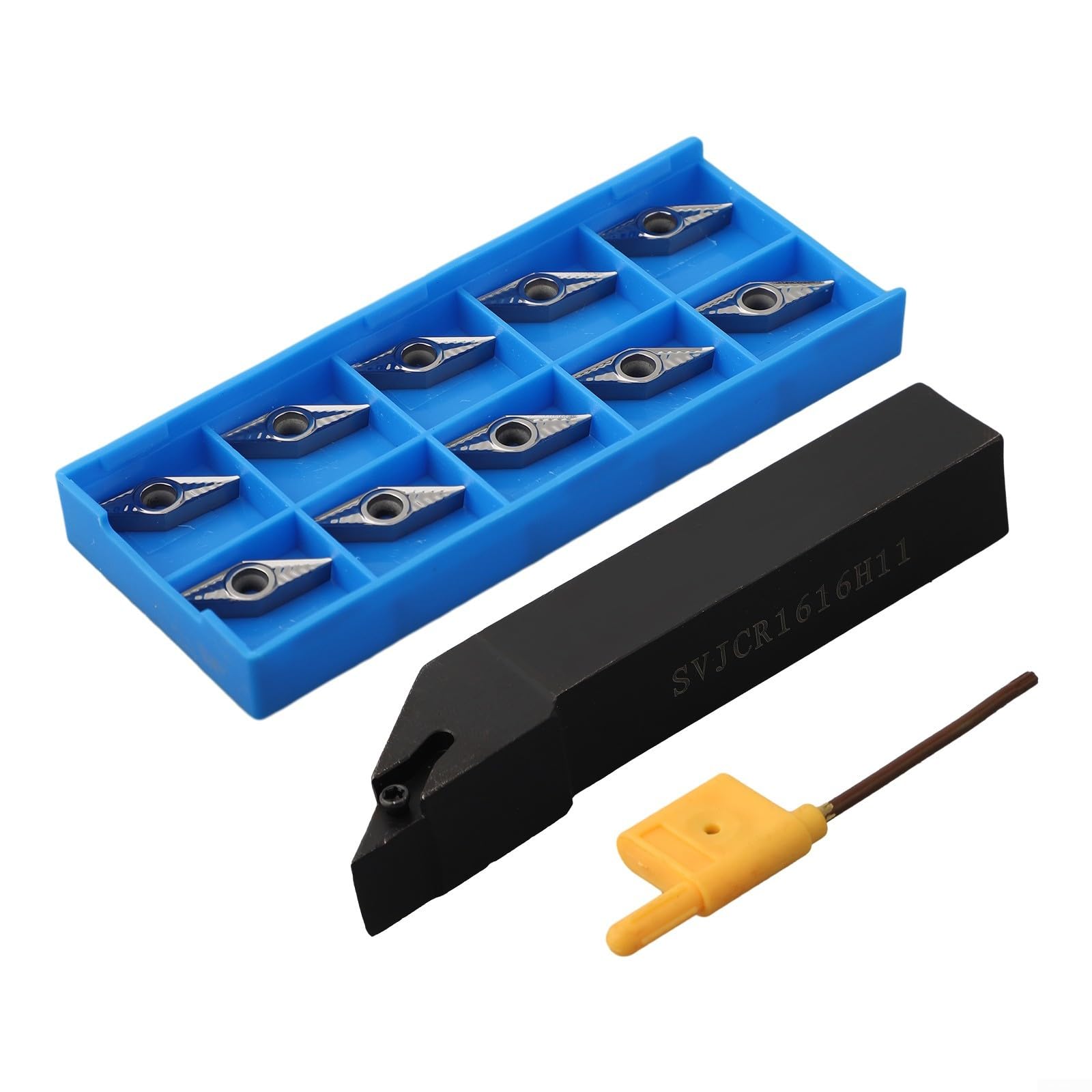 VCGT110304-AK H01 Insert en carbure avec SVJCR1616H11 Porte-outil de tour droit de 16 mm pour tournage CNC, angle de coupe de 93°, tige en acier au carbone pour semi-finition et finition