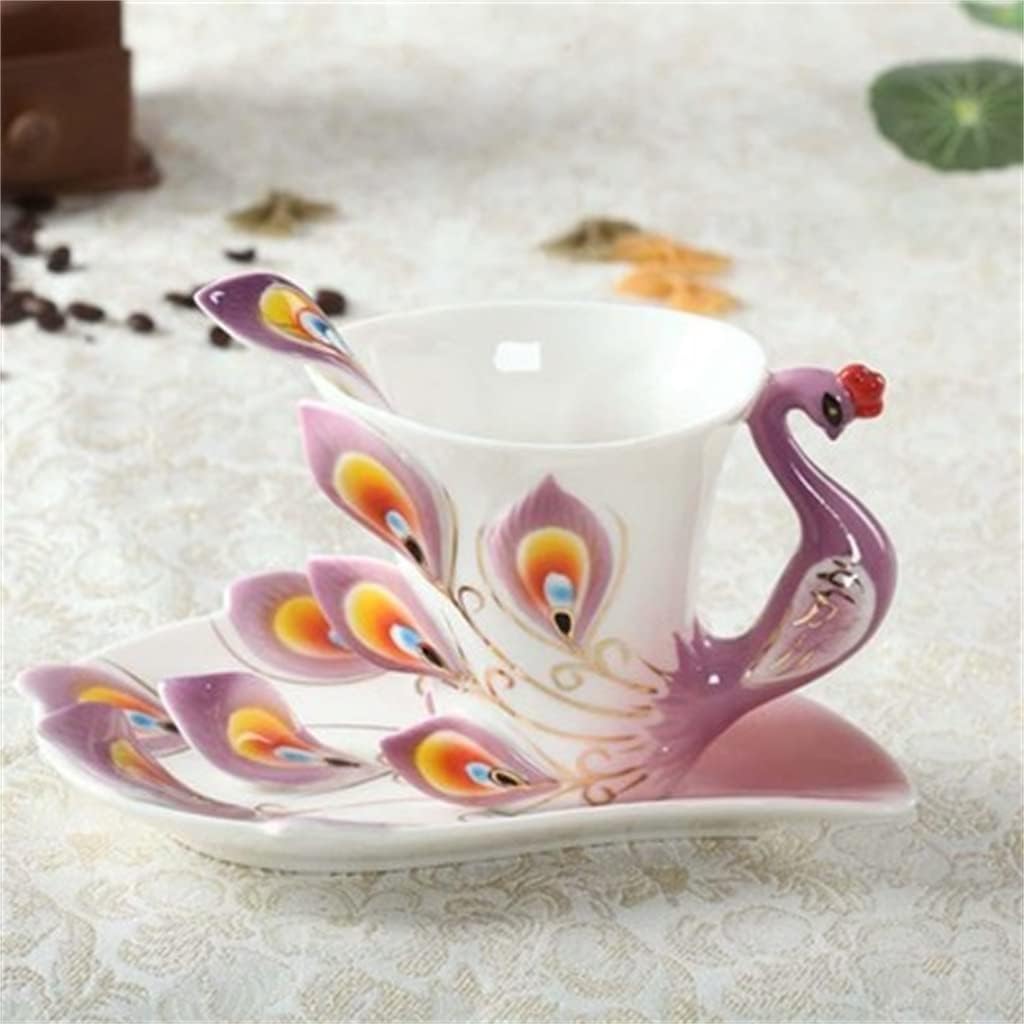 Peacock Teacup With Saucer Spoon Ceramics Tea Cup Thermal Breakfast Coffee Mugs Water Bottle Christmas Brithaday Gift(D)