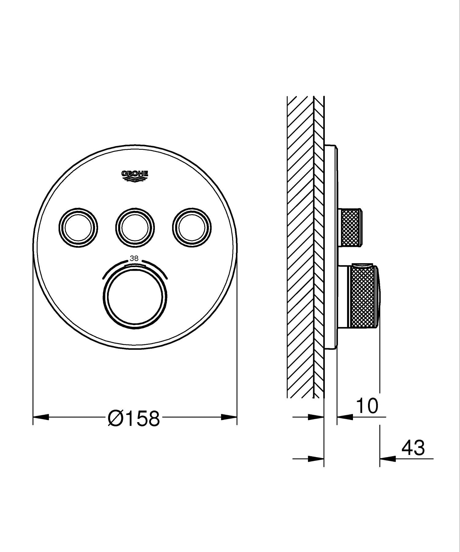 GROHE Grohtherm SmartControl - Termostato empotrado 3 válvulas (control pulsador, botón seguridad 38°C, sin cuerpo empotrado), diseño redondo, negro mate, 291212430