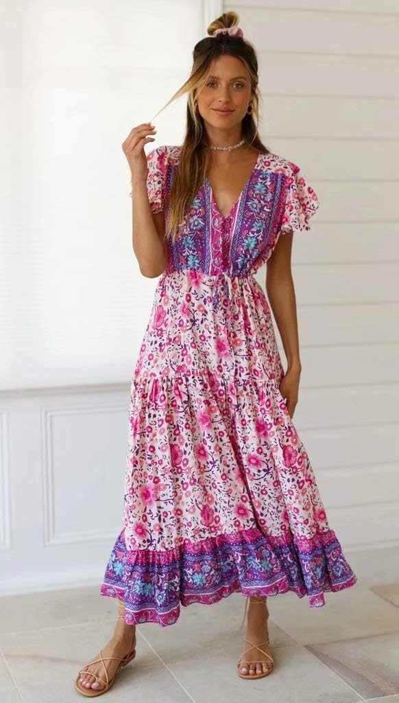 R.Vivimos Womens Summer Floral Print Cotton Short Sleeve Flowy Dress - Image 3