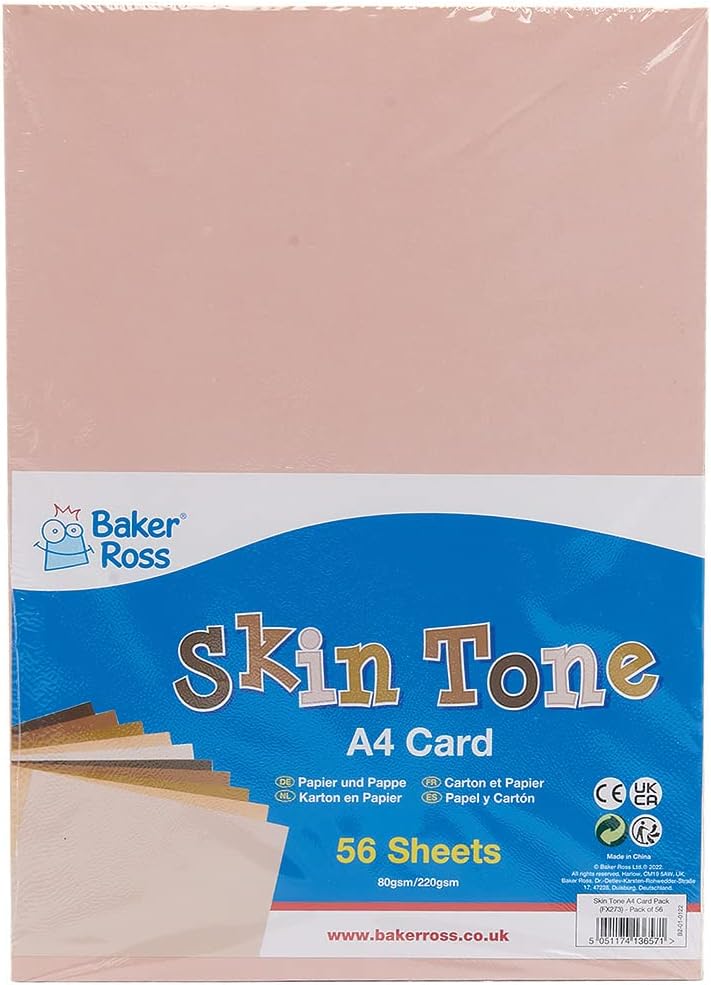 Baker Ross FX273 Skin Tone Colours A4 Card Pack - Pack of 56 Sheets, Kids Crafts, Arts and Crafts for Kids, School Supplies