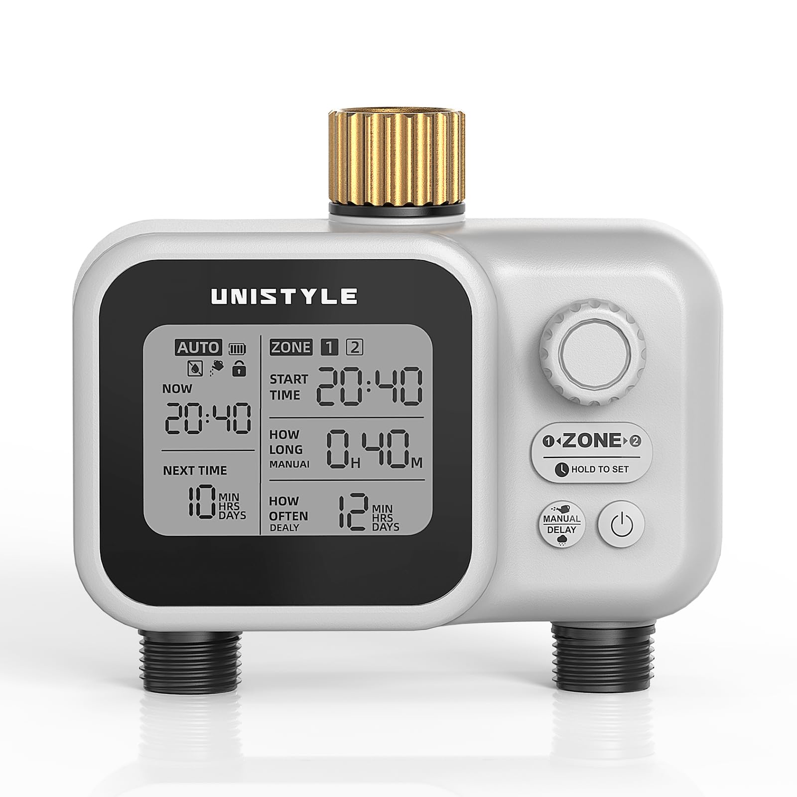 Timer a 2 zone con ingresso in ottone, fonti d'acqua a bassa pressione, valvola a sfera Unistyle per tubo da giardino, ritardo della pioggia, controllo manuale, irrigazione automatica per timer per