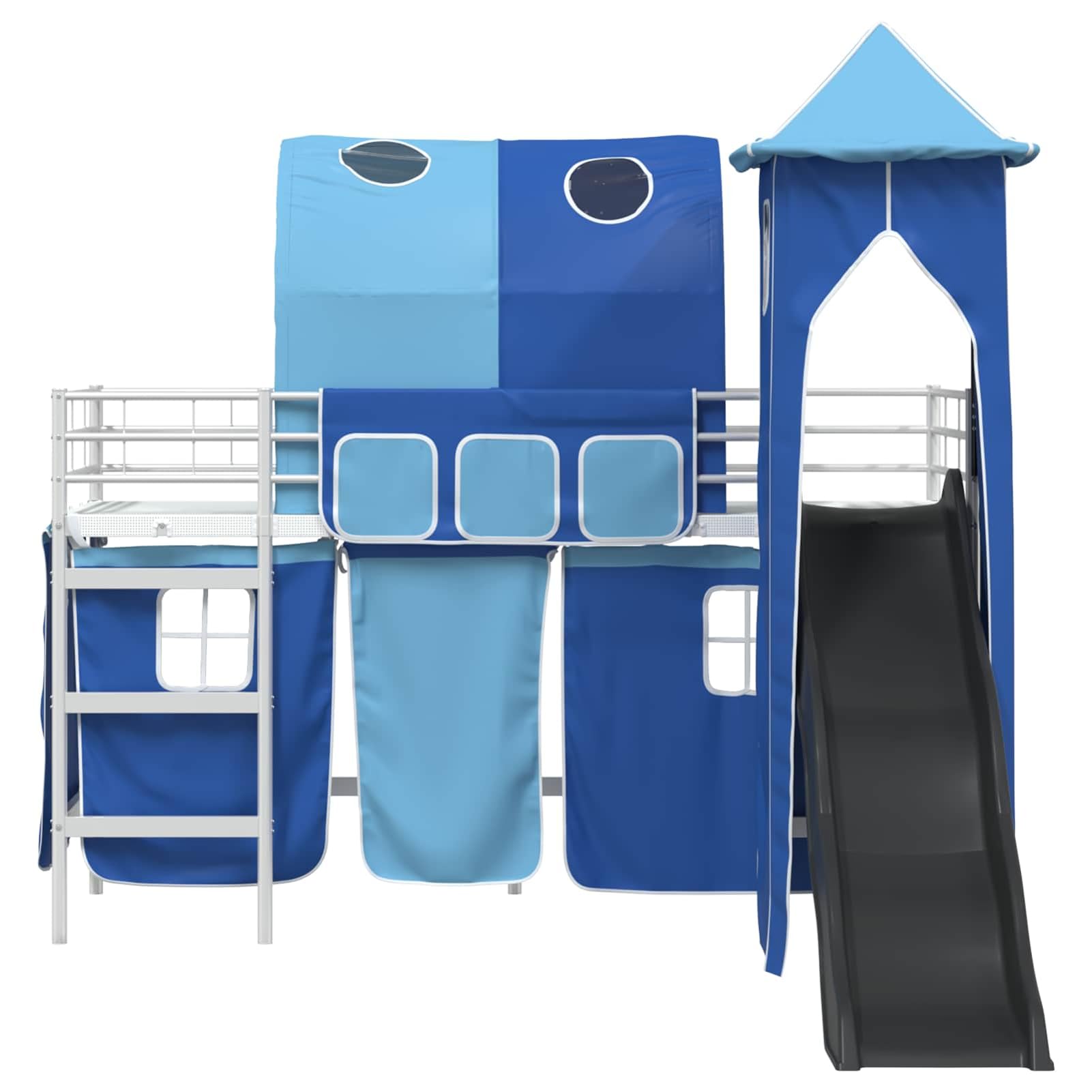 Homgoday Hochbett mit Rutsche und Vorhang, Metallrahmen, blau-schwarz, für Kinderzimmer - Hochbett Turm Hochbett Model42020899