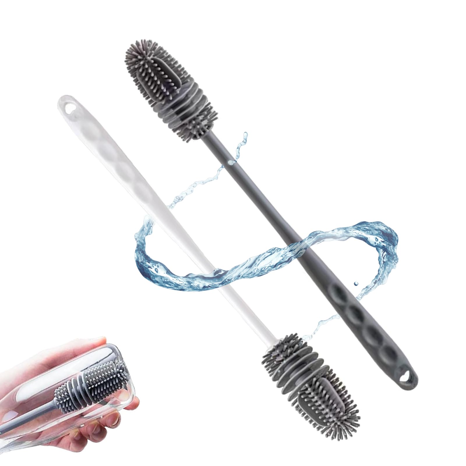 Brosses Goupillon Nettoyage Silicone – Lot De 2, Manche Long 28 Cm, Idéal Biberons, Bouteilles, Carafes