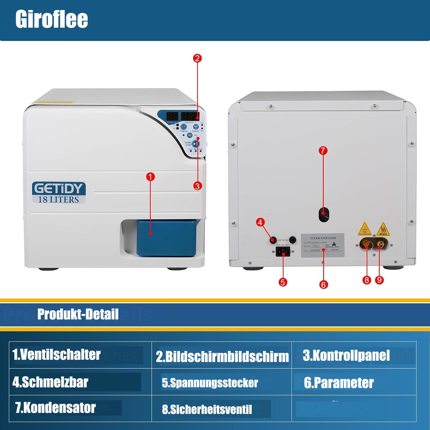 16L / 18L / 23L Autoklav Hochdruckdampf mit Trocknungsfunktion, Digitale LED-Anzeige, Dual-Control-Türsperre, Laborausrüstung aus Edelstahl (16L)