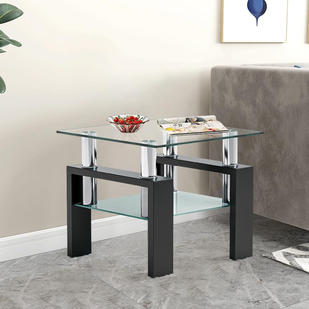 GOLDFANGlass Side Table Living Room,2-Tier Small Morden End Table with Storage Function for Bedroom Small Space,Square Sofa Side Table with Stainless Steel Pillar,Clear&Black (black)