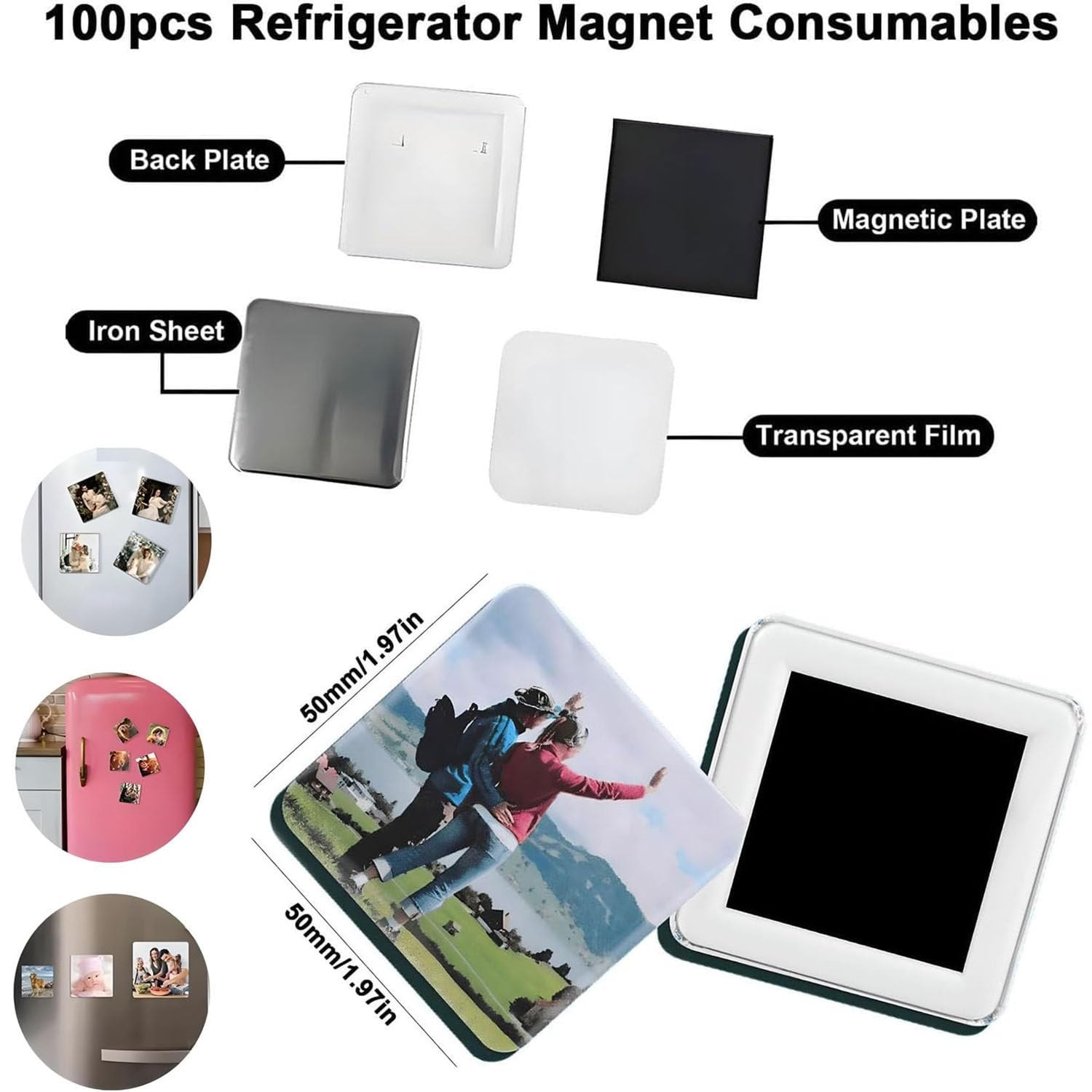 Maszyna do robienia identyfikatorów, kwadratowe magnesy na lodówkę 50 x 50 mm DIY zdjęcie lodówka naklejka magnes prasa maszyna + nóż do papieru + 100 szt. materiałów
