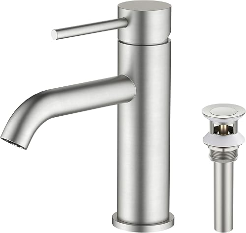 KIBI Grifo de una sola manija de acero inoxidable F201 para fregadero de baño con drenaje desplegable Caño de grifo de arco alto (níquel cepillado)