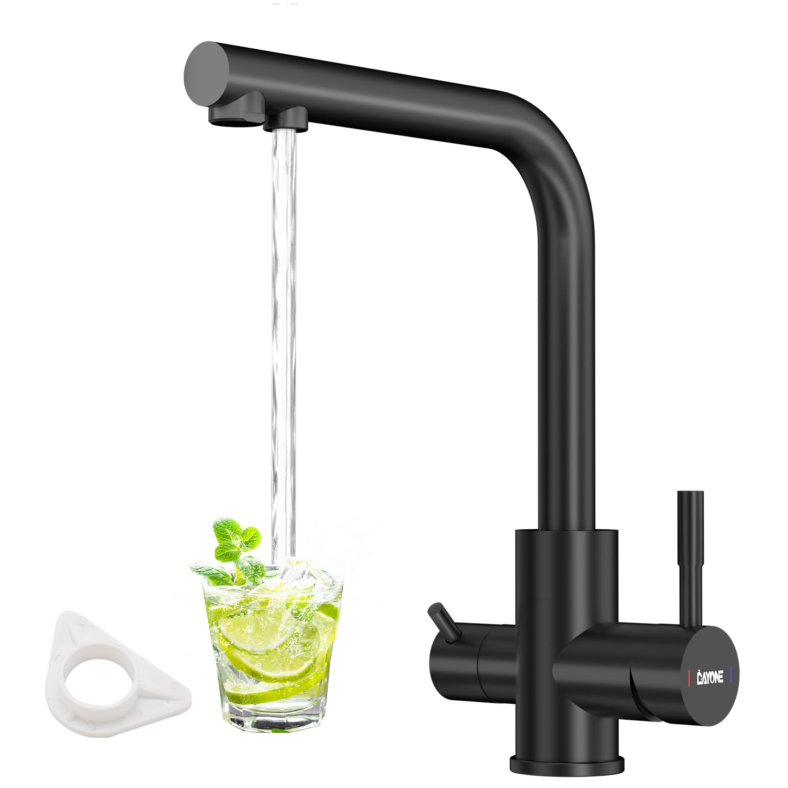 DAYONEBlack 3 Way Kitchen Tap, SUS304 Stainless Steel Pure Drinking Water Tap, 360 Swivel Sink Mixer with Dual Lever, 3 in 1 Water Filter Kitchen Faucet for 1 Hole