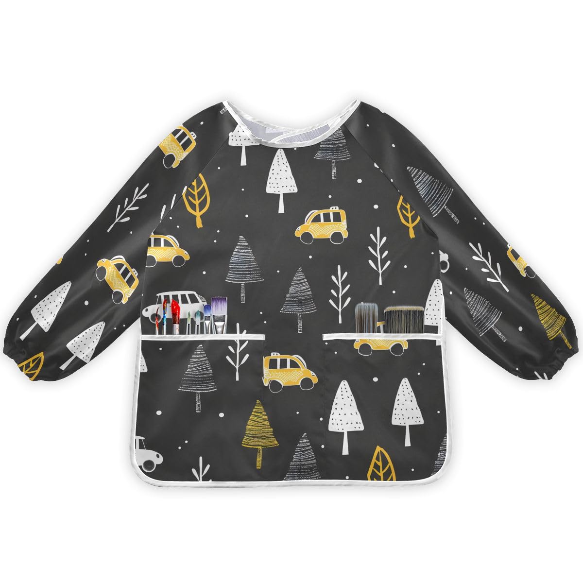 Bolaz Painting Smocks for Kids 2-4 Eating with Pockets Cars in Forest Waterproof Toddler Apron