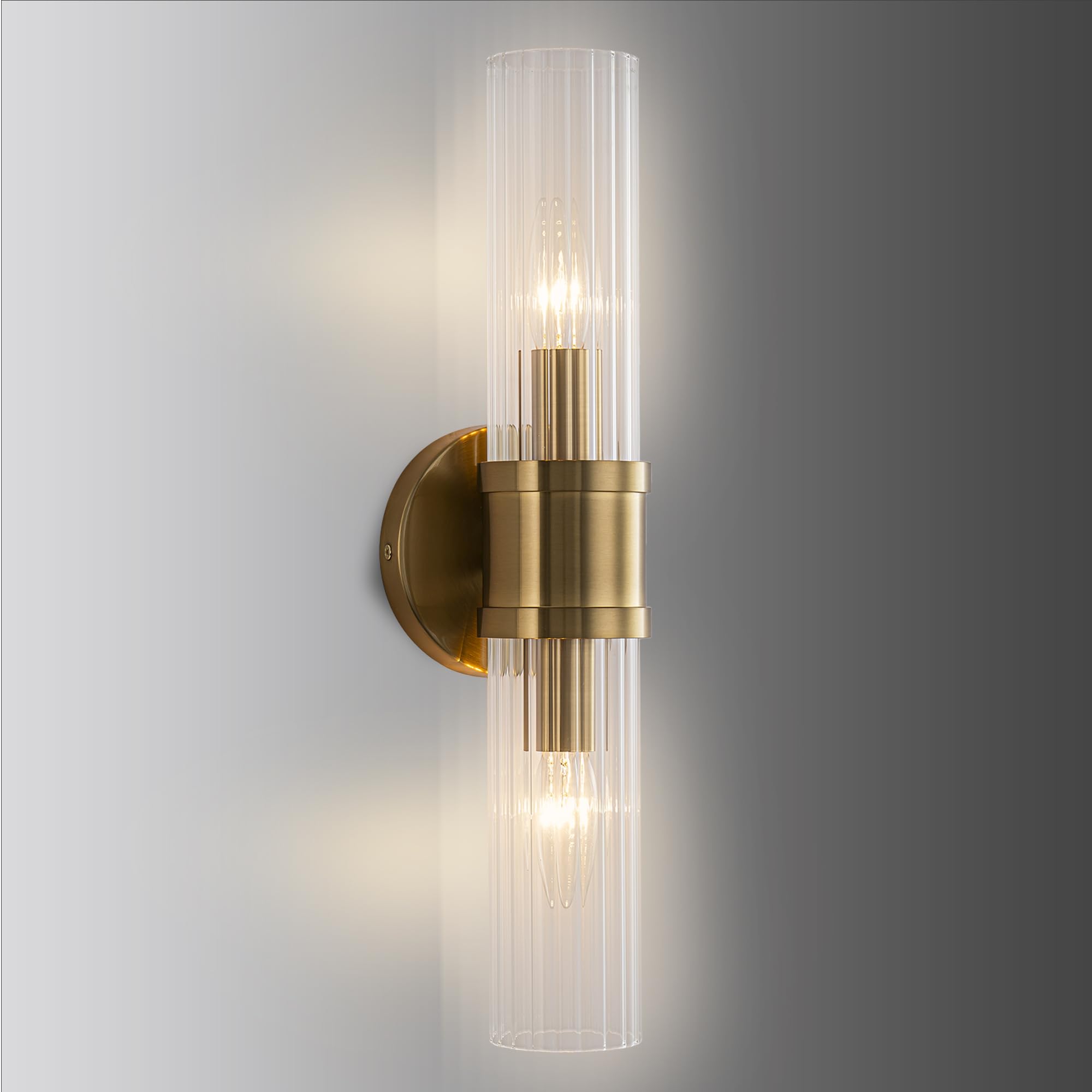 FTL Vintage Wall Lights, Indoor 2-Light Wall Sconce with Clear Striped Glass Shade, Gold Bedside Wall Mounted Lamp Fixture, E14 Inside Lighting for Bathroom Living Room Porch, Hardwired, 1 Pack