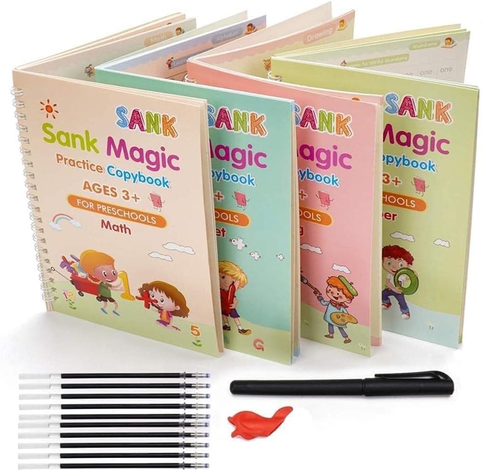 SHNMN Sank Magic Practice Copybook, (4 BOOK +1 PEN + 10 REFILL) Number Tracing Book for Preschoolers with Pen, Magic calligraphy books for kids Reusable Writing Tool