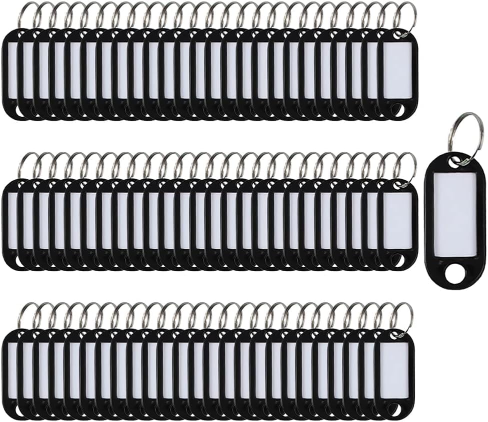 Key Tags with Split Ring, 100 Pack, of one Colour, Plastic ID Labels, 5 cm x 2.2 cm (100 Black)