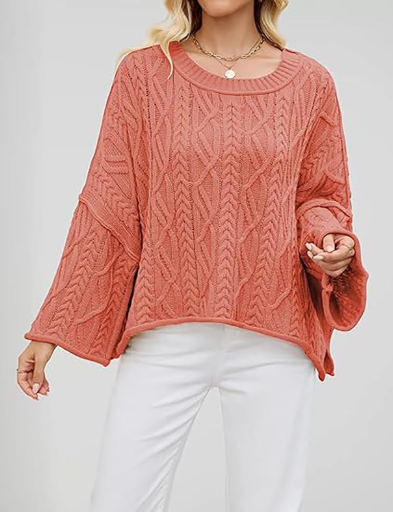Generico Maglione Oversize da Donna a trecce con Scollo Rotondo e Maniche Lunghe Svasate, Pullover Morbido e Spesso Casual per Autunno Inverno