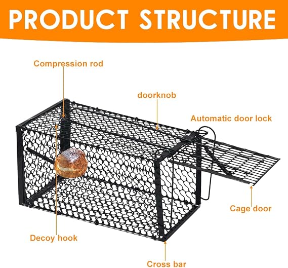Humane Rat Traps, 2 Pcs Reusable Squirrel Traps, Live Rat Cage Trap, Humane Mouse-trap for Voles Hamsters Indoors Outdoors Home Office Use, Black