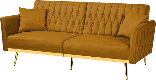 Miniatura 8 de Sofá cama futón de terciopelo de 70 pulgadas con 2 almohadas y reposabrazos ajustables, cama convertible con respaldo ajustable, sofá biplaza