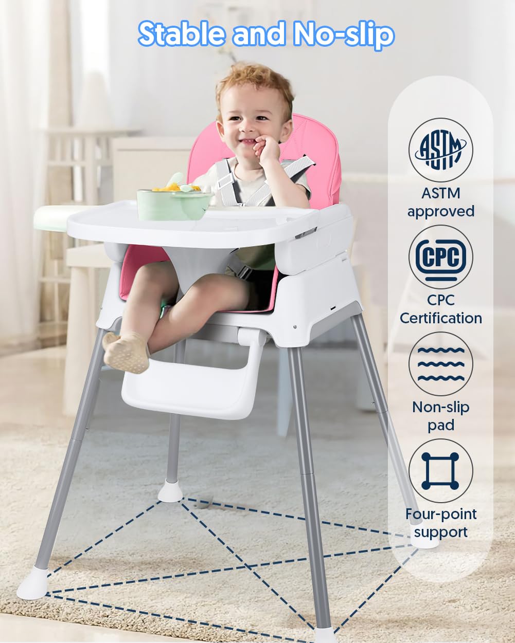 3-in-1 Baby High Chair, Adjustable Convertible Infant Baby Feeding Chair Booster for Eating with Detachable Tray, 5-Point Harness, Pink