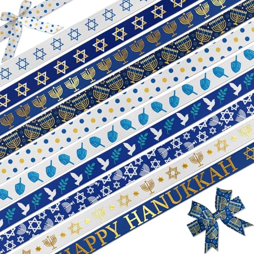 NUVCELKA Hanukkah Ribbon 10 Pack - 30 Yards Jewish Holiday Ribbons Set, 3/8 Inch Star of David Menorah Grosgrain for Crafts Bows Blue Gold Festival of Lights Decorations